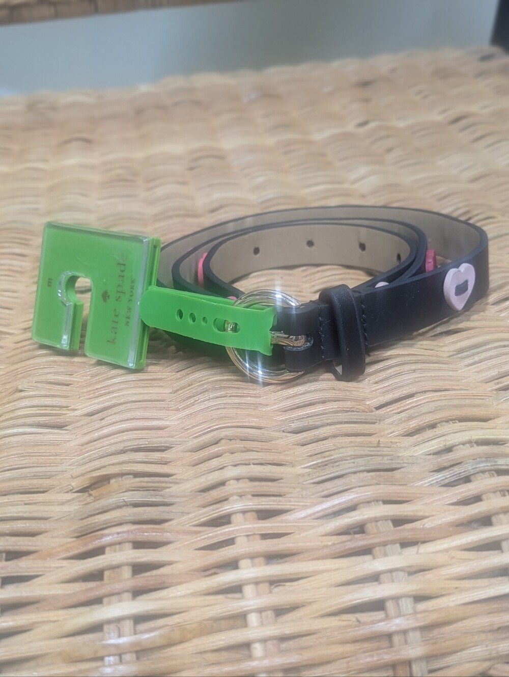 Kate Spade NWT Black Leather Belt Pink Coral Heart Appliqué